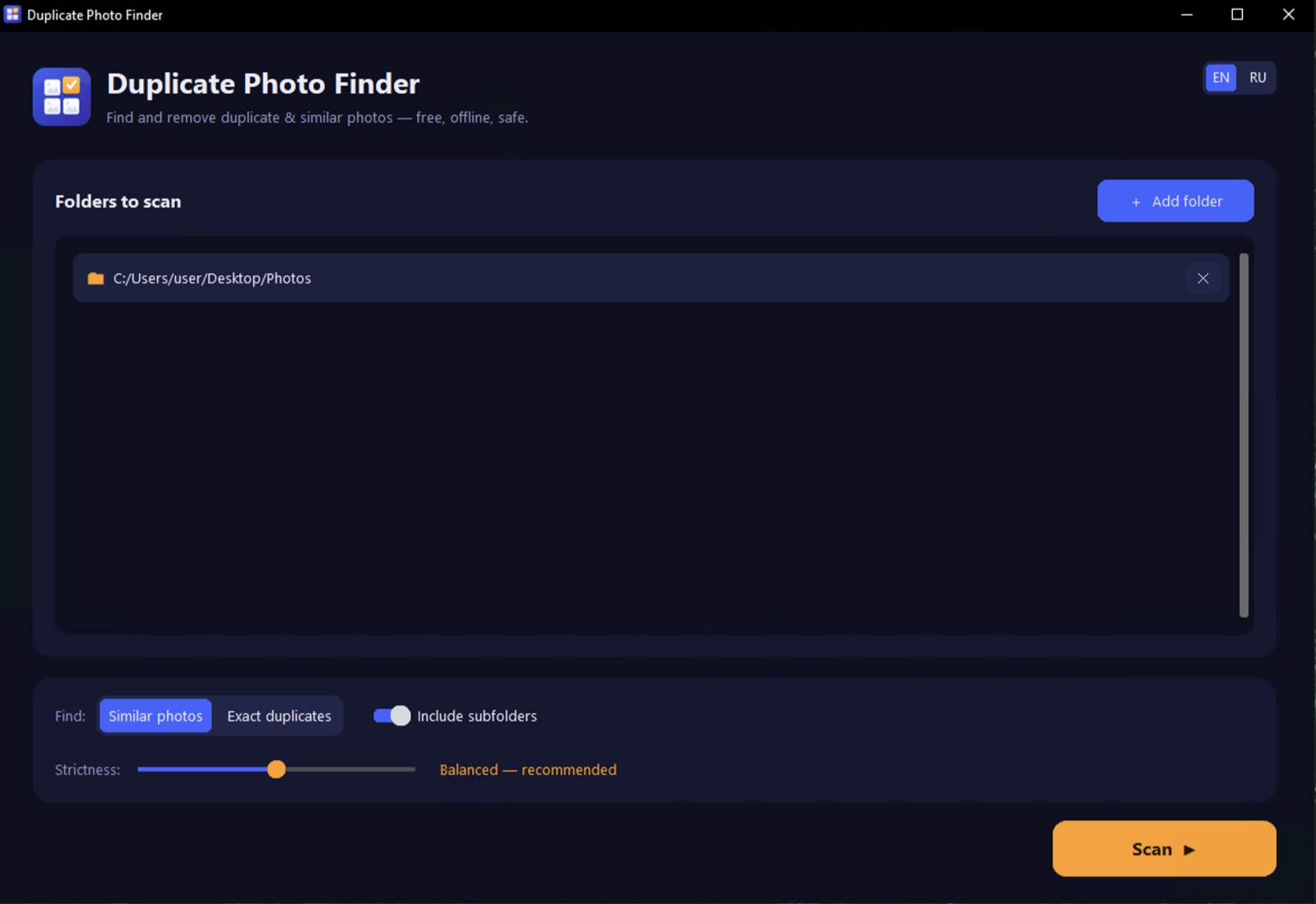 Duplicate Photo Finder setup screen on Windows — pick folders to scan, choose Similar photos or Exact duplicates, and press the orange Scan button